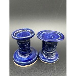 Pair of Cobalt Blue Ceramic Candlesticks Rustic Textured Signed KaH